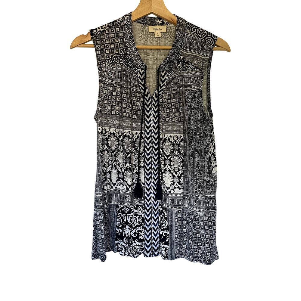 Style & Co black white patterned v-neck sleeveless women's blouse size S rayon